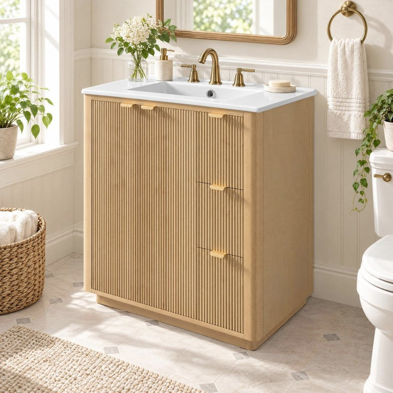 English Elm 30 Inch Freestanding Bathroom Vanity Solid Wood Frame Ceramic Sink Gold Hardware N729P519358N