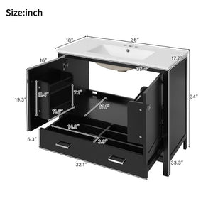 English Elm 36 Inch Matte Black Freestanding Bathroom Vanity with Ceramic Sink and Soft Close Doors N729P519589B