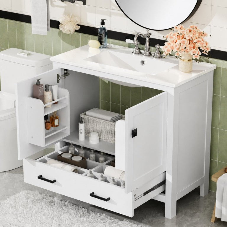English Elm 36 Inch White MDF Bathroom Vanity with Ceramic Sink Soft Close Doors and Drawer N729P519589K