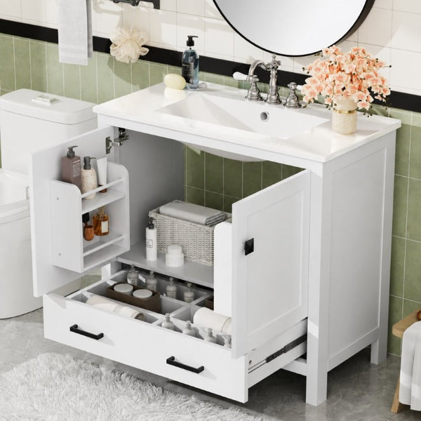 English Elm 36 Inch White MDF Bathroom Vanity with Ceramic Sink Soft Close Doors and Drawer N729P519589K