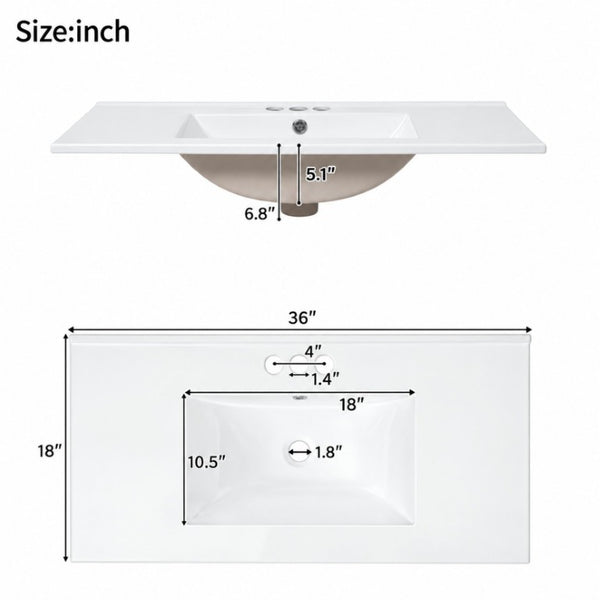 English Elm 36 Inch White MDF Bathroom Vanity with Ceramic Sink Soft Close Doors and Drawer N729P519589K