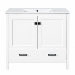 English Elm 36 Inch White MDF Bathroom Vanity with Ceramic Sink Soft Close Doors and Drawer N729P519589K