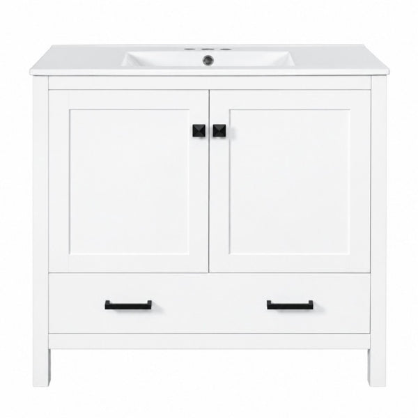 English Elm 36 Inch White MDF Bathroom Vanity with Ceramic Sink Soft Close Doors and Drawer N729P519589K