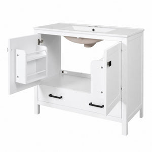 English Elm 36 Inch White MDF Bathroom Vanity with Ceramic Sink Soft Close Doors and Drawer N729P519589K