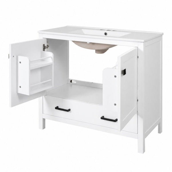 English Elm 36 Inch White MDF Bathroom Vanity with Ceramic Sink Soft Close Doors and Drawer N729P519589K