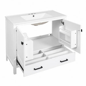 English Elm 36 Inch White MDF Bathroom Vanity with Ceramic Sink Soft Close Doors and Drawer N729P519589K