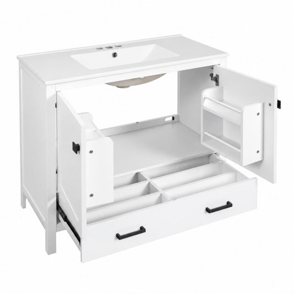 English Elm 36 Inch White MDF Bathroom Vanity with Ceramic Sink Soft Close Doors and Drawer N729P519589K