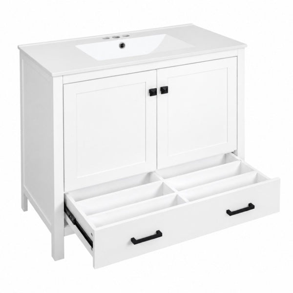 English Elm 36 Inch White MDF Bathroom Vanity with Ceramic Sink Soft Close Doors and Drawer N729P519589K
