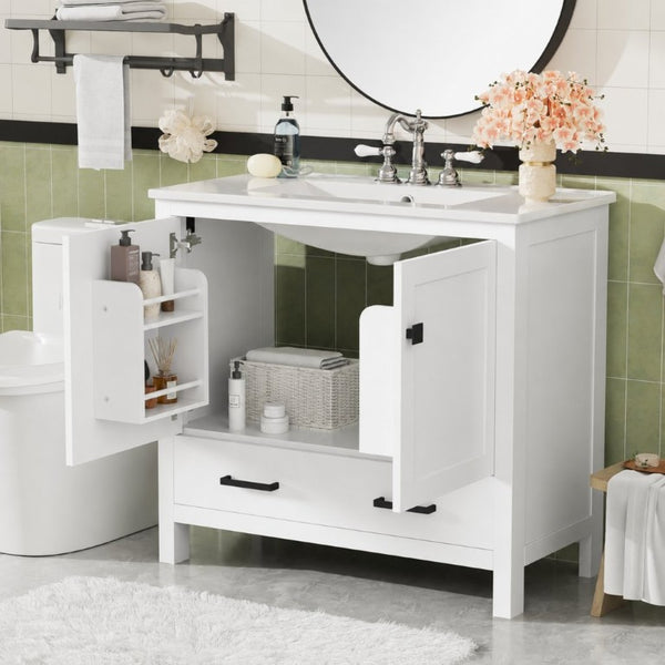 English Elm 36 Inch White MDF Bathroom Vanity with Ceramic Sink Soft Close Doors and Drawer N729P519589K