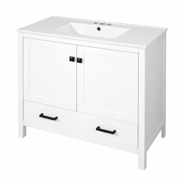 English Elm 36 Inch White MDF Bathroom Vanity with Ceramic Sink Soft Close Doors and Drawer N729P519589K