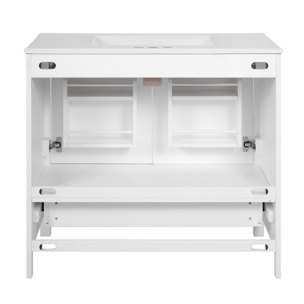 English Elm 36 Inch White MDF Bathroom Vanity with Ceramic Sink Soft Close Doors and Drawer N729P519589K