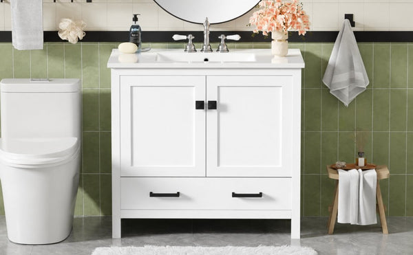 English Elm 36 Inch White MDF Bathroom Vanity with Ceramic Sink Soft Close Doors and Drawer N729P519589K