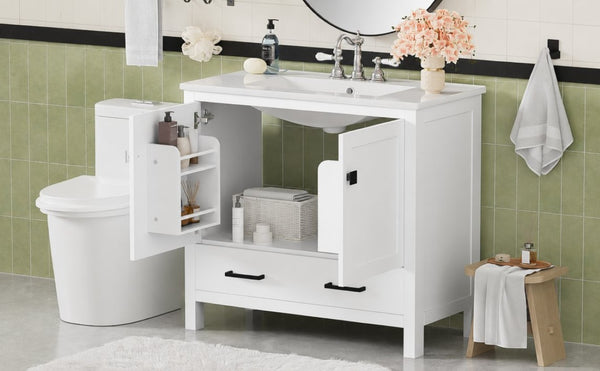 English Elm 36 Inch White MDF Bathroom Vanity with Ceramic Sink Soft Close Doors and Drawer N729P519589K
