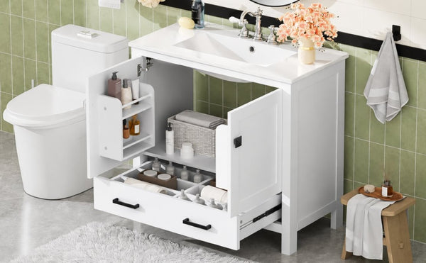 English Elm 36 Inch White MDF Bathroom Vanity with Ceramic Sink Soft Close Doors and Drawer N729P519589K
