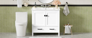 English Elm 36 Inch White MDF Bathroom Vanity with Ceramic Sink Soft Close Doors and Drawer N729P519589K