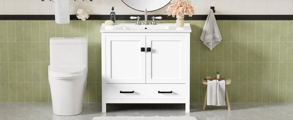 English Elm 36 Inch White MDF Bathroom Vanity with Ceramic Sink Soft Close Doors and Drawer N729P519589K