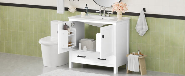 English Elm 36 Inch White MDF Bathroom Vanity with Ceramic Sink Soft Close Doors and Drawer N729P519589K