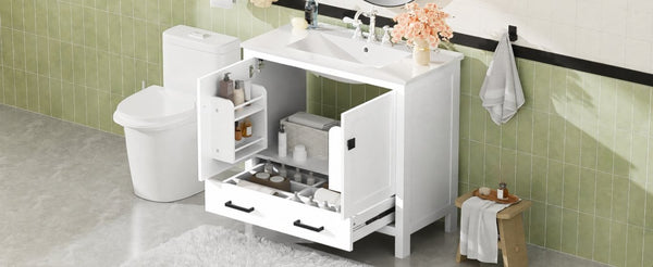 English Elm 36 Inch White MDF Bathroom Vanity with Ceramic Sink Soft Close Doors and Drawer N729P519589K