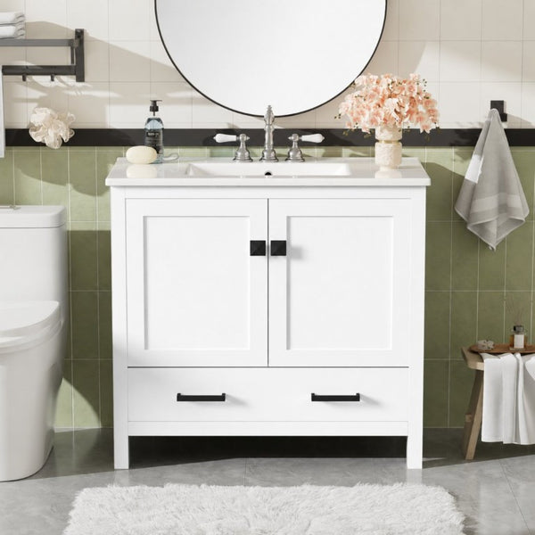 English Elm 36 Inch White MDF Bathroom Vanity with Ceramic Sink Soft Close Doors and Drawer N729P519589K