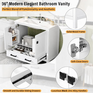 English Elm 36 Inch White MDF Bathroom Vanity with Ceramic Sink Soft Close Doors and Drawer N729P519589K