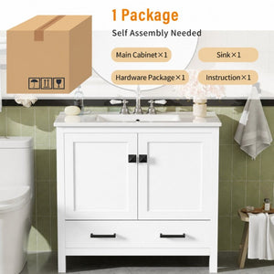 English Elm 36 Inch White MDF Bathroom Vanity with Ceramic Sink Soft Close Doors and Drawer N729P519589K