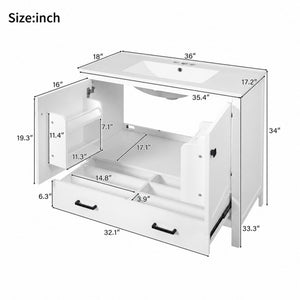 English Elm 36 Inch White MDF Bathroom Vanity with Ceramic Sink Soft Close Doors and Drawer N729P519589K
