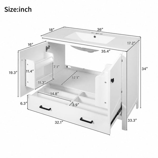 English Elm 36 Inch White MDF Bathroom Vanity with Ceramic Sink Soft Close Doors and Drawer N729P519589K