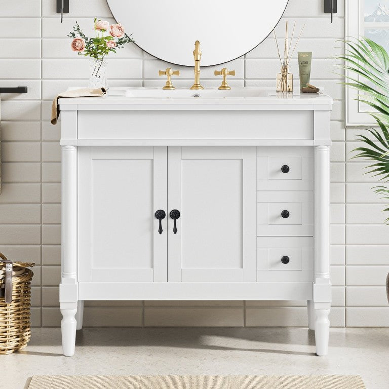 English Elm 36 Inch Matte Bathroom Vanity with Ceramic Sink Soft Close Doors and Adjustable Storage White N729P519590K