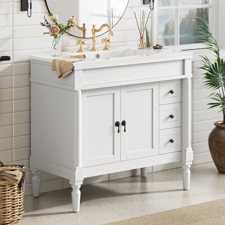 English Elm 36 Inch Matte Bathroom Vanity with Ceramic Sink Soft Close Doors and Adjustable Storage White N729P519590K