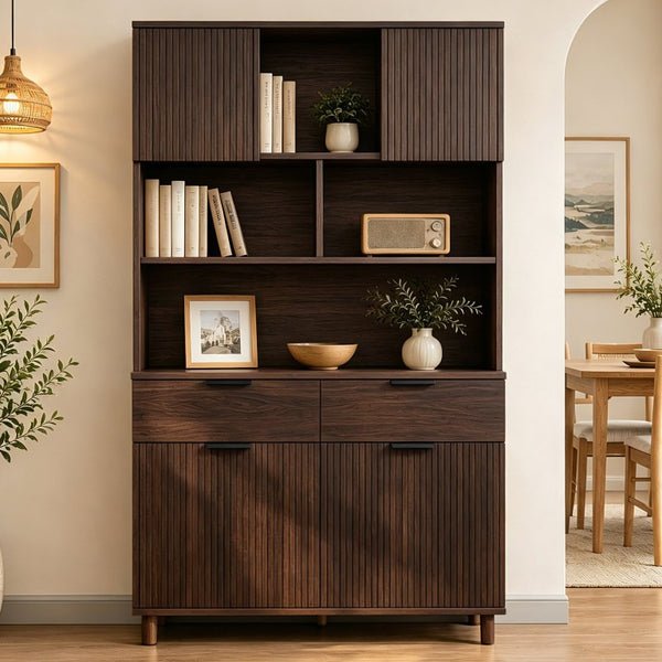 English Elm 71.26 Inch Tall Fluted Wood Grain Cabinet with Open Shelves Drawers and Closed Storage Walnut N732S515148A