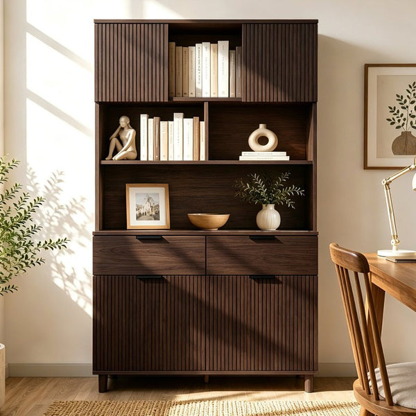 English Elm 71.26 Inch Tall Fluted Wood Grain Cabinet with Open Shelves Drawers and Closed Storage Walnut N732S515148A