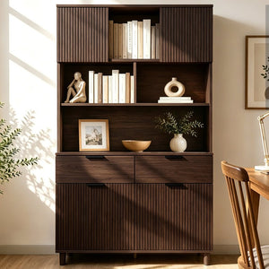 English Elm 71.26 Inch Tall Fluted Wood Grain Cabinet with Open Shelves Drawers and Closed Storage Walnut N732S515148A