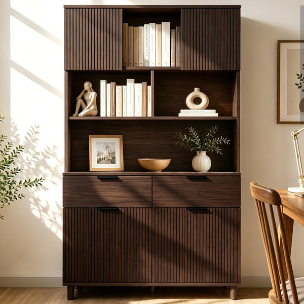 English Elm 71.26 Inch Tall Fluted Wood Grain Cabinet with Open Shelves Drawers and Closed Storage Walnut N732S515148A