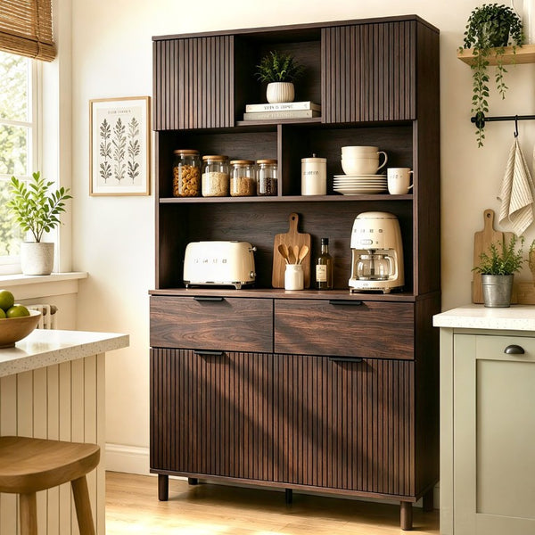 English Elm 71.26 Inch Tall Fluted Wood Grain Cabinet with Open Shelves Drawers and Closed Storage Walnut N732S515148A