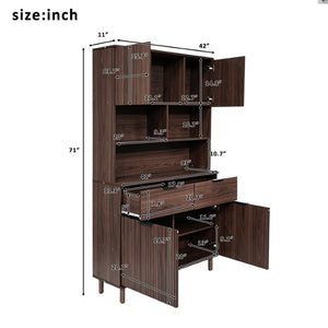 English Elm 71.26 Inch Tall Fluted Wood Grain Cabinet with Open Shelves Drawers and Closed Storage Walnut N732S515148A
