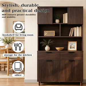 English Elm 71.26 Inch Tall Fluted Wood Grain Cabinet with Open Shelves Drawers and Closed Storage Walnut N732S515148A