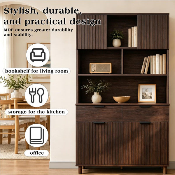 English Elm 71.26 Inch Tall Fluted Wood Grain Cabinet with Open Shelves Drawers and Closed Storage Walnut N732S515148A