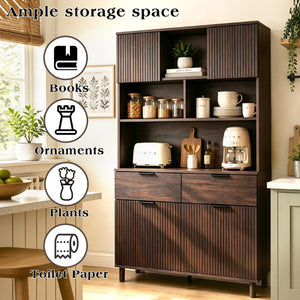 English Elm 71.26 Inch Tall Fluted Wood Grain Cabinet with Open Shelves Drawers and Closed Storage Walnut N732S515148A