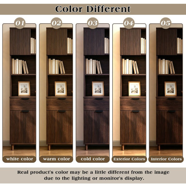 English Elm 71.26 Inch Tall Fluted Wood Grain Cabinet with Open Shelves Drawers and Closed Storage Walnut N732S515148A