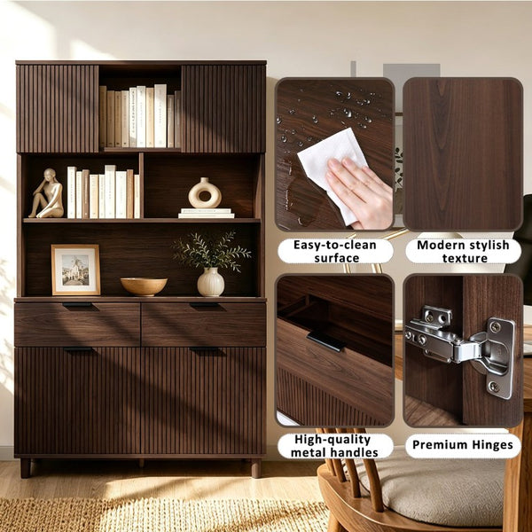 English Elm 71.26 Inch Tall Fluted Wood Grain Cabinet with Open Shelves Drawers and Closed Storage Walnut N732S515148A