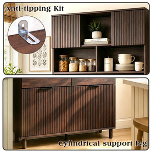 English Elm 71.26 Inch Tall Fluted Wood Grain Cabinet with Open Shelves Drawers and Closed Storage Walnut N732S515148A