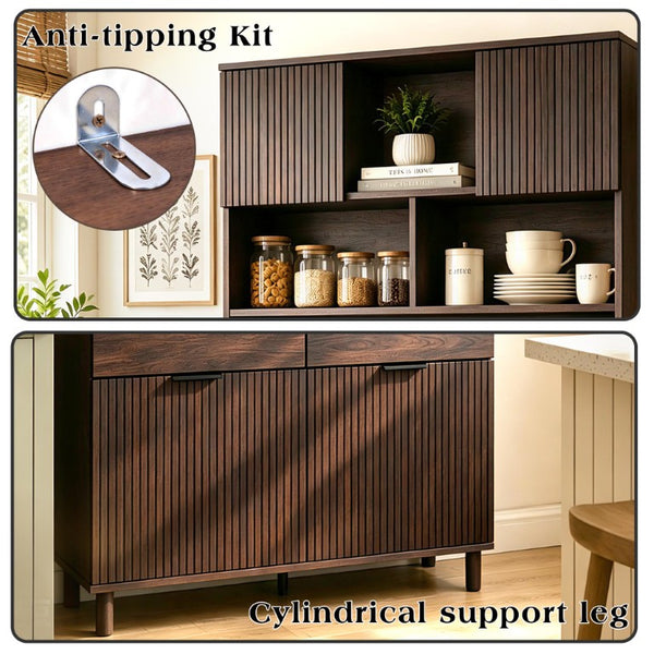 English Elm 71.26 Inch Tall Fluted Wood Grain Cabinet with Open Shelves Drawers and Closed Storage Walnut N732S515148A
