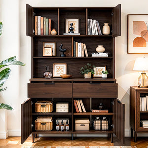 English Elm 71.26 Inch Tall Fluted Wood Grain Cabinet with Open Shelves Drawers and Closed Storage Walnut N732S515148A