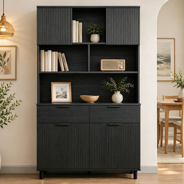 English Elm 71.26 Inch Tall Fluted Wood Grain Cabinet with Open Shelves Drawers and Closed Storage Black N732S515148B