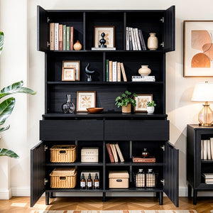 English Elm 71.26 Inch Tall Fluted Wood Grain Cabinet with Open Shelves Drawers and Closed Storage Black N732S515148B