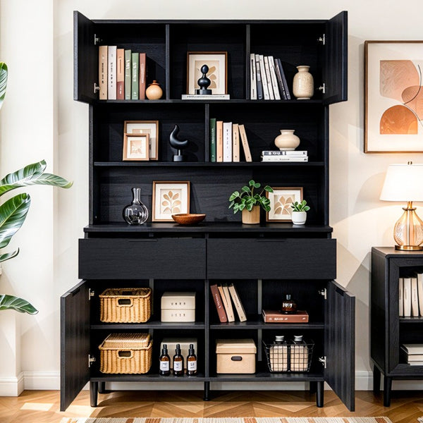 English Elm 71.26 Inch Tall Fluted Wood Grain Cabinet with Open Shelves Drawers and Closed Storage Black N732S515148B