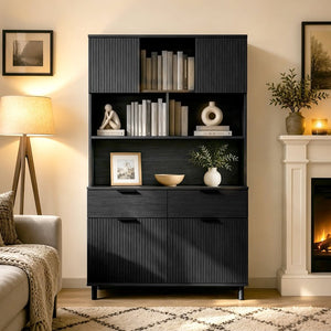 English Elm 71.26 Inch Tall Fluted Wood Grain Cabinet with Open Shelves Drawers and Closed Storage Black N732S515148B