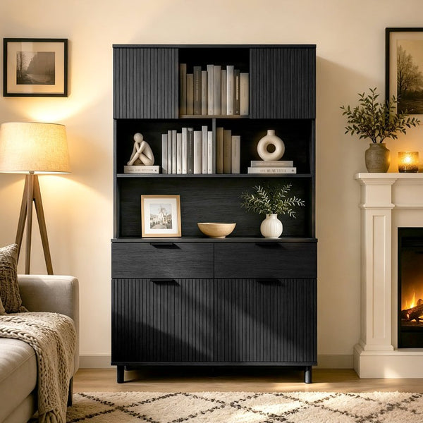 English Elm 71.26 Inch Tall Fluted Wood Grain Cabinet with Open Shelves Drawers and Closed Storage Black N732S515148B
