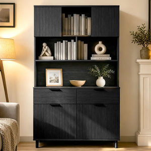 English Elm 71.26 Inch Tall Fluted Wood Grain Cabinet with Open Shelves Drawers and Closed Storage Black N732S515148B