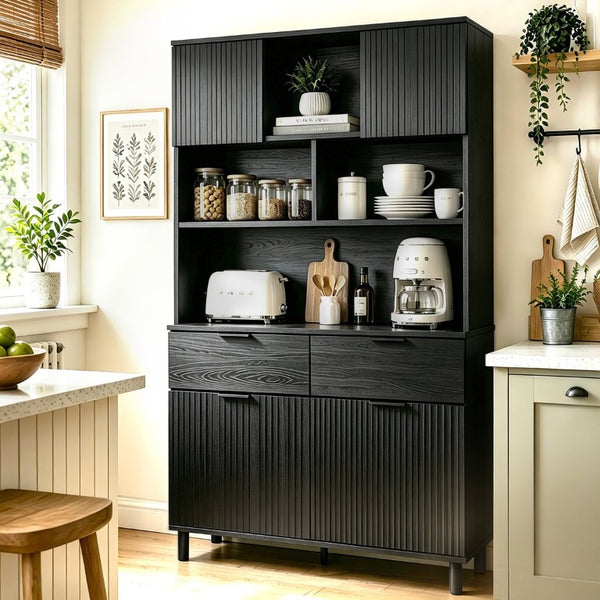 English Elm 71.26 Inch Tall Fluted Wood Grain Cabinet with Open Shelves Drawers and Closed Storage Black N732S515148B